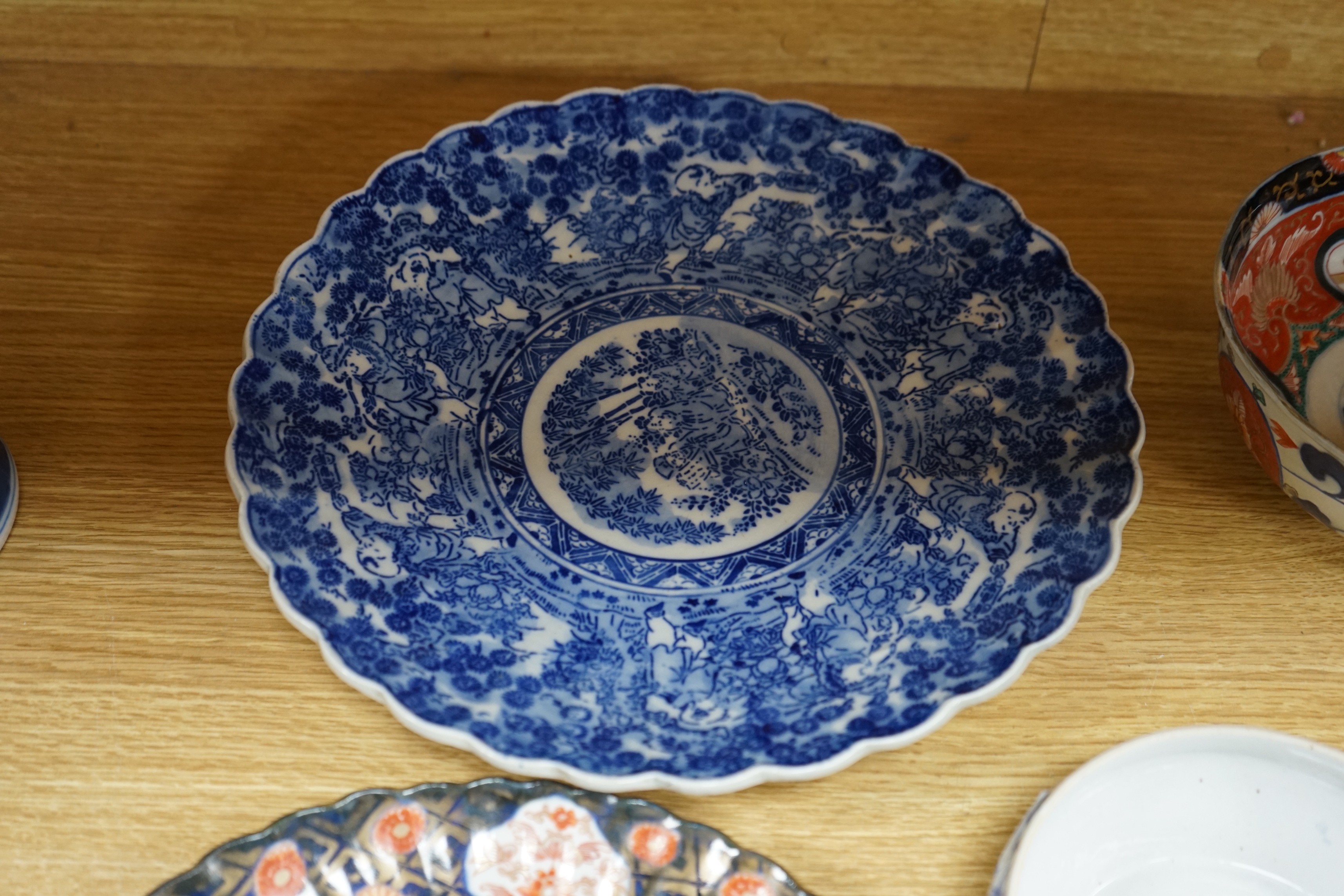 An early 20th century Chinese blue and white prunus vase, group of Chinese, Japanese porcelain Rex Hotel tureens, soapstone wine pot etc